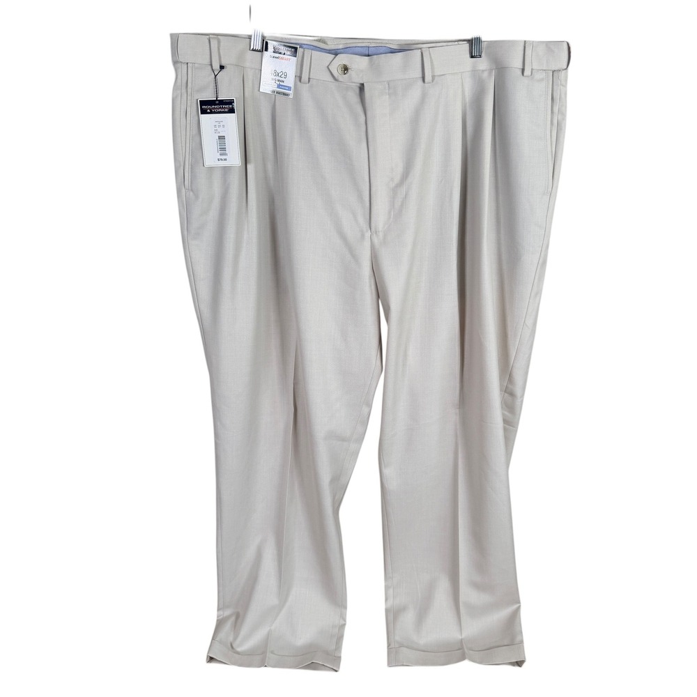 Roundtree & Yorke Pleated Dress Pants Men 48x29 Tan TravelSmart Classic Fit